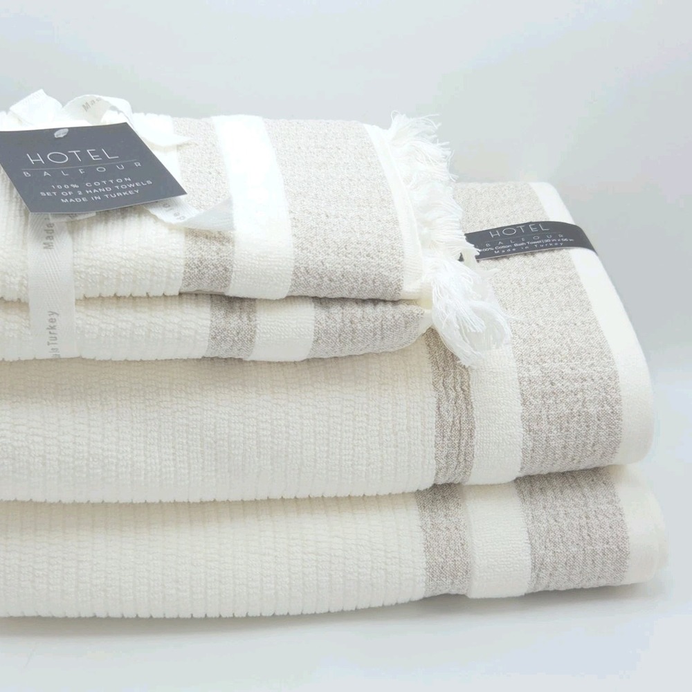 Hotel Balfour 4pc Cream And Taupe Turkish Cotton Towel Set 2 Bath 2 Hand Japandi